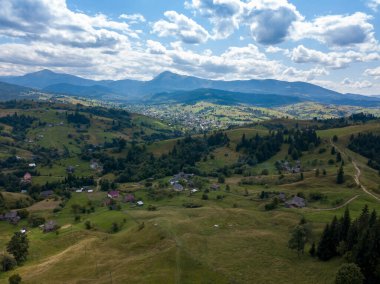 Yazın Ukrayna Karpatları 'nın yeşil dağları. Yamaçlarda kozalaklı ağaçlar. Hava aracı görünümü.
