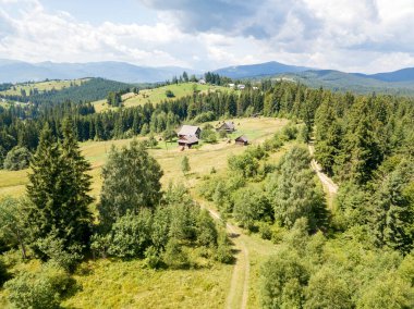 Yazın Ukrayna Karpatları 'nın yeşil dağları. Güneşli bir gün. Hava aracı görünümü.