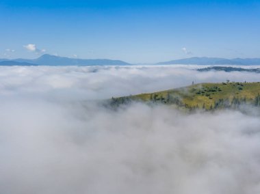 Ukrayna Karpatları 'nda sabah sisi. Hava aracı görünümü.