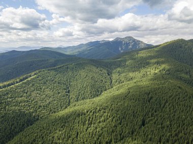 Güneşli havada Ukrayna Karpatlarının yüksek dağları. Hava aracı görünümü.
