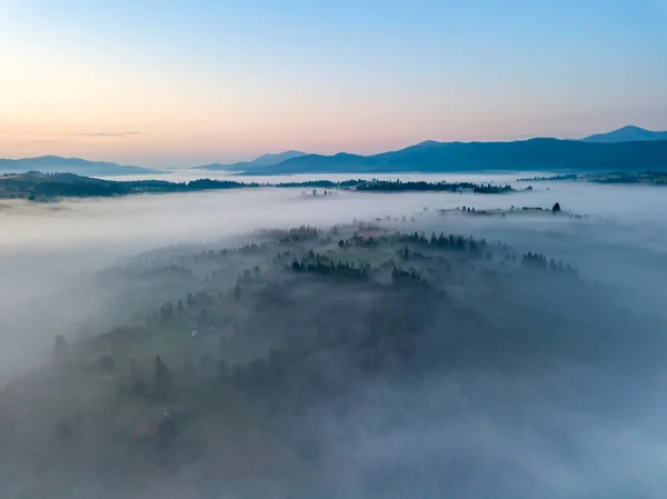 Brouillard Matinal Dans Les Carpates Ukrainiennes Vue Aérienne Drone — Photo