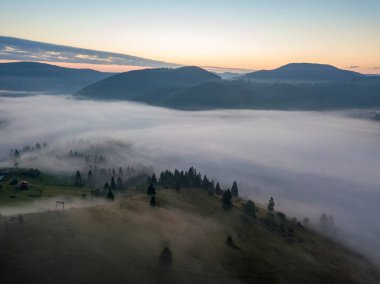 Ukrayna Karpatları 'nda sabah sisi. Hava aracı görünümü.