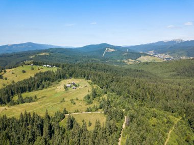 Yazın Ukrayna Karpatları 'nın yeşil dağları. Güneşli açık bir gün. Hava aracı görünümü.