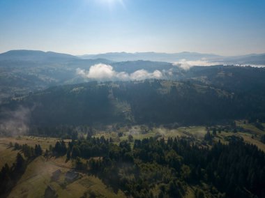 Bir yaz sabahı Ukrayna Karpatları dağları. Hava aracı görünümü.