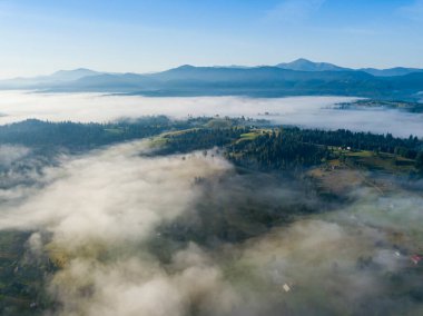 Ukrayna Karpatya dağlarında sabah sisi. Hava aracı görünümü.
