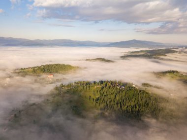 Sabah sisinde Ukrayna Karpatlarının yeşil dağları. Hava aracı görünümü.