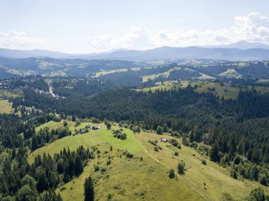 Yazın Ukrayna Karpatları 'nın yeşil dağları. Güneşli bir gün. Hava aracı görünümü.
