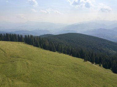 Yazın Ukrayna Karpatları 'nın yeşil dağları. Güneşli bir gün, nadir bulutlar. Hava aracı görünümü.