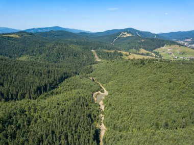Yazın Ukrayna Karpatları 'nın yeşil dağları. Güneşli açık bir gün. Hava aracı görünümü.