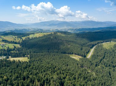 Yazın Ukrayna Karpatları 'nın yeşil dağları. Güneşli bir gün. Hava aracı görünümü.