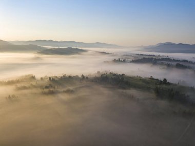 Ukrayna Karpatları 'nda sabah sisi. Hava aracı görünümü.