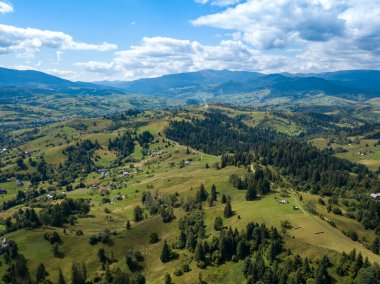 Yazın Ukrayna Karpatları 'nın yeşil dağları. Yamaçlarda kozalaklı ağaçlar. Hava aracı görünümü.