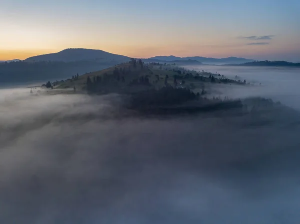 Morning Fog Ukrainian Carpathians Aerial Drone View — Stock Photo, Image