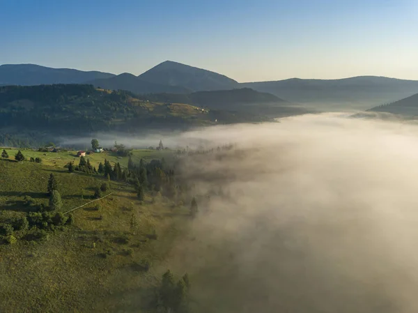 Morgennebel Den Ukrainischen Karpaten Drohnenblick Aus Der Luft — Stockfoto