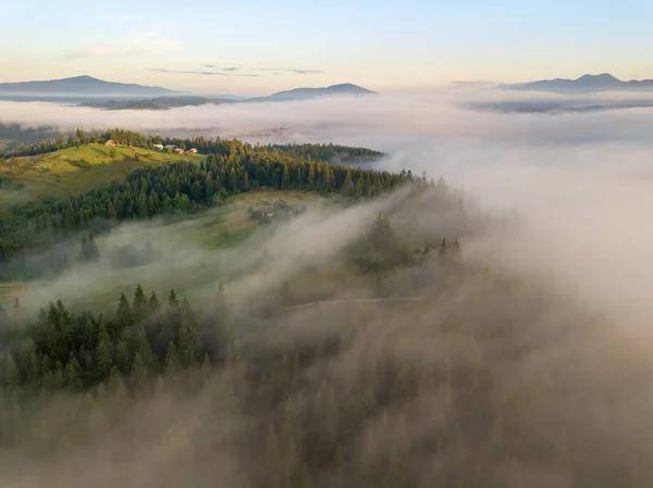 Rays Dawn Fog Ukrainian Carpathians Aerial Drone View — Stock Photo, Image