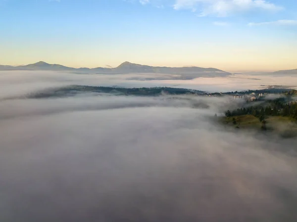 Rays Dawn Fog Ukrainian Carpathians Aerial Drone View — Stock Photo, Image