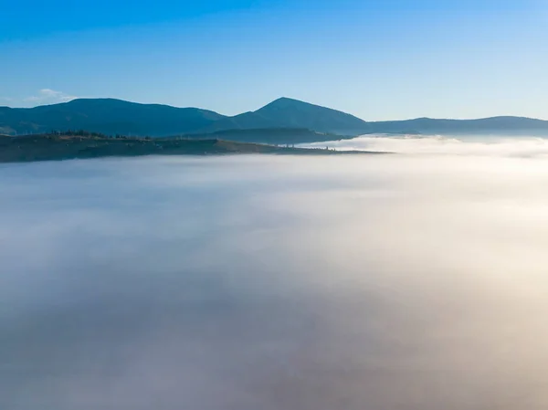 Volo Sopra Nebbia Nei Carpazi Ucraini Estate Montagne All Orizzonte — Foto Stock