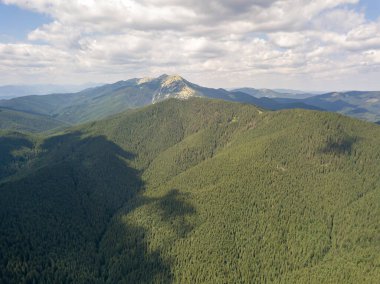 Yazın Ukrayna Karpatları 'nın yeşil dağları. Güneşli bir gün, nadir bulutlar. Hava aracı görünümü.