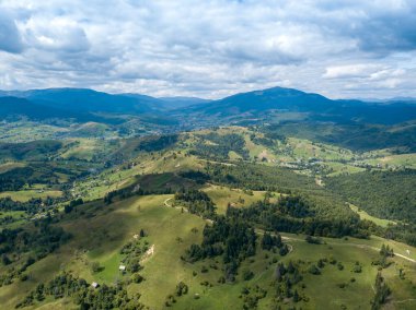 Yazın Ukrayna Karpatları 'nın yeşil dağları. Yamaçlarda kozalaklı ağaçlar. Hava aracı görünümü.