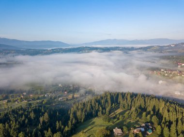 Ukrayna Karpatya dağlarında sabah sisi. Hava aracı görünümü.