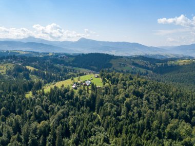 Yazın Ukrayna Karpatları 'nın yeşil dağları. Güneşli bir gün. Hava aracı görünümü.