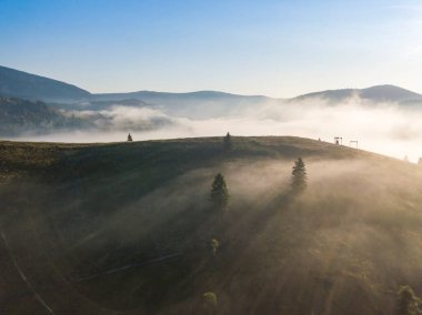 Ukrayna Karpatya dağlarında sabah sisi. Hava aracı görünümü.