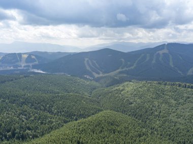 Yazın Ukrayna Karpatları 'nın yeşil dağları. Güneşli bir gün, nadir bulutlar. Hava aracı görünümü.