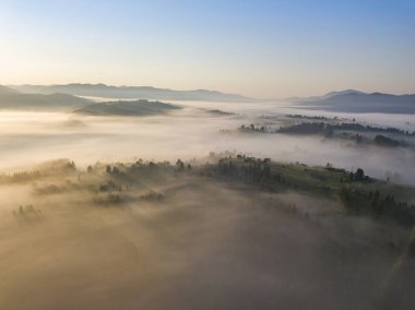 Ukrayna Karpatları 'nda sabah sisi. Hava aracı görünümü.