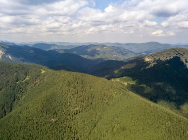 Yazın Ukrayna Karpatları 'nın yeşil dağları. Güneşli bir gün, nadir bulutlar. Hava aracı görünümü.