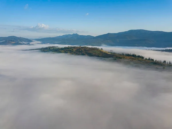 Летний Полет Над Туманом Украинских Карпатах Горы Горизонте Толстый Слой — стоковое фото
