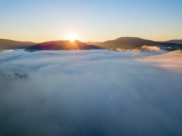 Sunrise Fog Ukrainian Carpathians Aerial Drone View — Stock Photo, Image