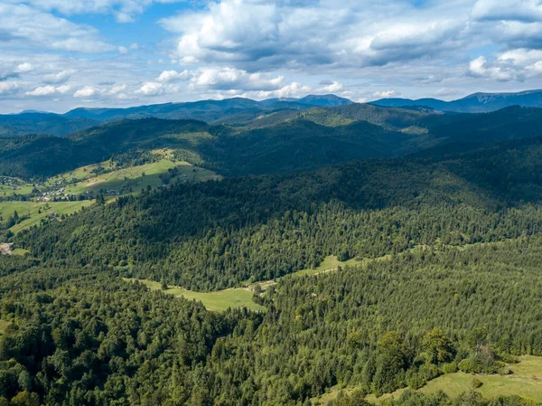 夏天乌克兰喀尔巴阡山脉的绿山 山坡上的针叶树 空中无人驾驶飞机视图 — 图库照片