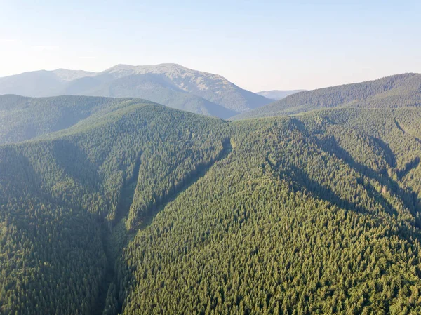 Yazın Ukrayna Karpatları 'nın yeşil dağları. Güneşli bir gün, nadir bulutlar. Hava aracı görünümü.
