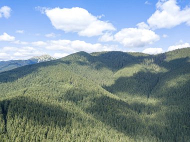 Güneşli havada Ukrayna Karpatlarının yüksek dağları. Hava aracı görünümü.