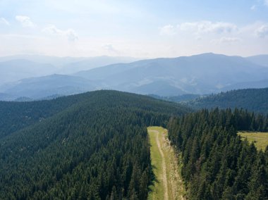Yazın Ukrayna Karpatları 'nın yeşil dağları. Güneşli bir gün, nadir bulutlar. Hava aracı görünümü.