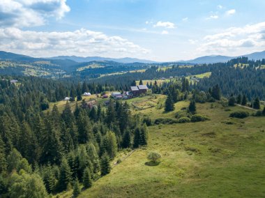 Bir yaz sabahı Ukrayna Karpatları dağları. Hava aracı görünümü.