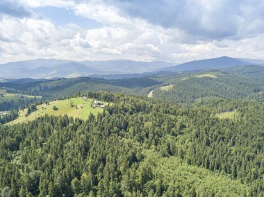 Yazın Ukrayna Karpatları 'nın yeşil dağları. Güneşli bir gün. Hava aracı görünümü.