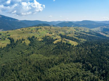 Yazın Ukrayna Karpatları 'nın yeşil dağları. Güneşli bir gün. Hava aracı görünümü.