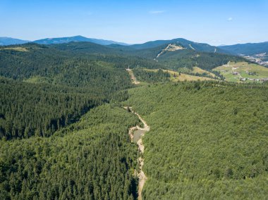 Yazın Ukrayna Karpatları 'nın yeşil dağları. Güneşli açık bir gün. Hava aracı görünümü.