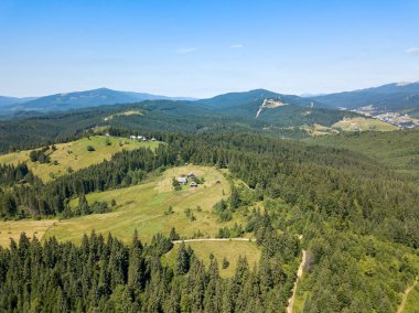 Yazın Ukrayna Karpatları 'nın yeşil dağları. Güneşli açık bir gün. Hava aracı görünümü.