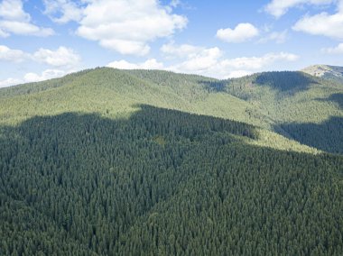 Güneşli havada Ukrayna Karpatlarının yüksek dağları. Hava aracı görünümü.