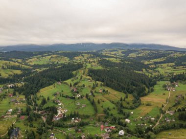 Yazın Ukrayna Karpat Dağları 'nın yeşil yamaçlarında. Bulutlu bir sabah, alçak bulutlar. Hava aracı görünümü.