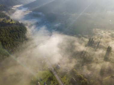 Sabah sisinde Ukrayna Karpatları 'nın yeşil dağları. Hava aracı görünümü.