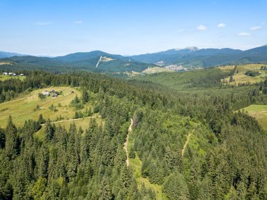 Yazın Ukrayna Karpatları 'nın yeşil dağları. Güneşli açık bir gün. Hava aracı görünümü.