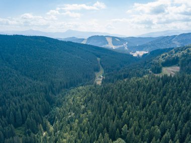 Yazın Ukrayna Karpatları 'nın yeşil dağları. Güneşli bir gün, nadir bulutlar. Hava aracı görünümü.