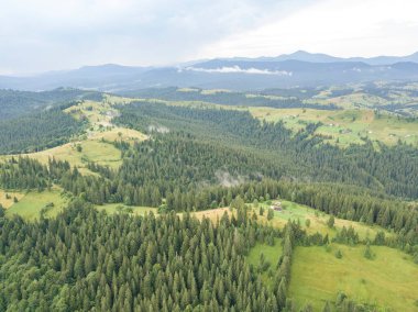 Yazın Ukrayna Karpatları 'nın yeşil dağları. Hava aracı görünümü.