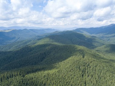 Yazın Ukrayna Karpatları 'nın yeşil dağları. Güneşli bir gün, nadir bulutlar. Hava aracı görünümü.