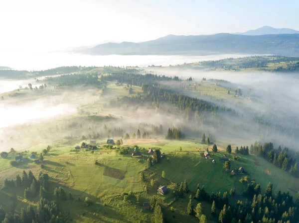 Niebla Matutina Los Cárpatos Ucranianos Vista Aérea Del Dron — Foto de Stock