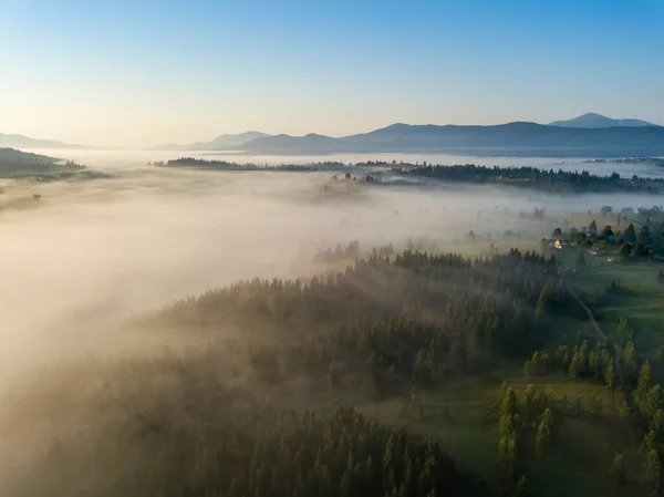 Brume Matinale Dans Les Montagnes Des Carpates Ukrainiennes Vue Aérienne — Photo