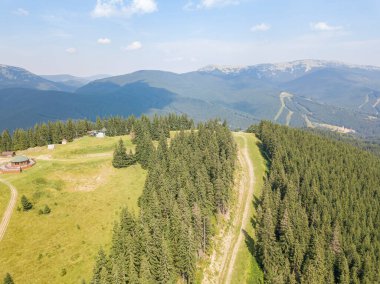 Yazın Ukrayna Karpatları 'nın yeşil dağları. Güneşli bir gün, nadir bulutlar. Hava aracı görünümü.